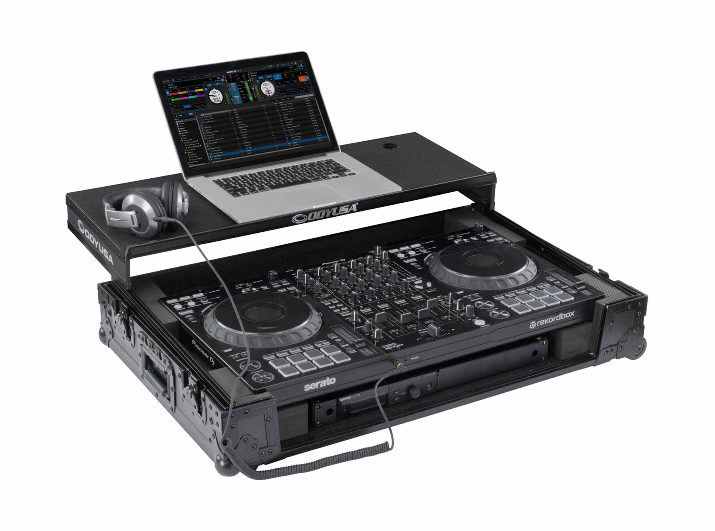 Odyssey FZGSDDJFLX10CWBL, Black Label 1U Flight Case For DDJ-FLX10 Controller with Glide Style Laptop Platform and Corner Wheels - Hollywood DJ