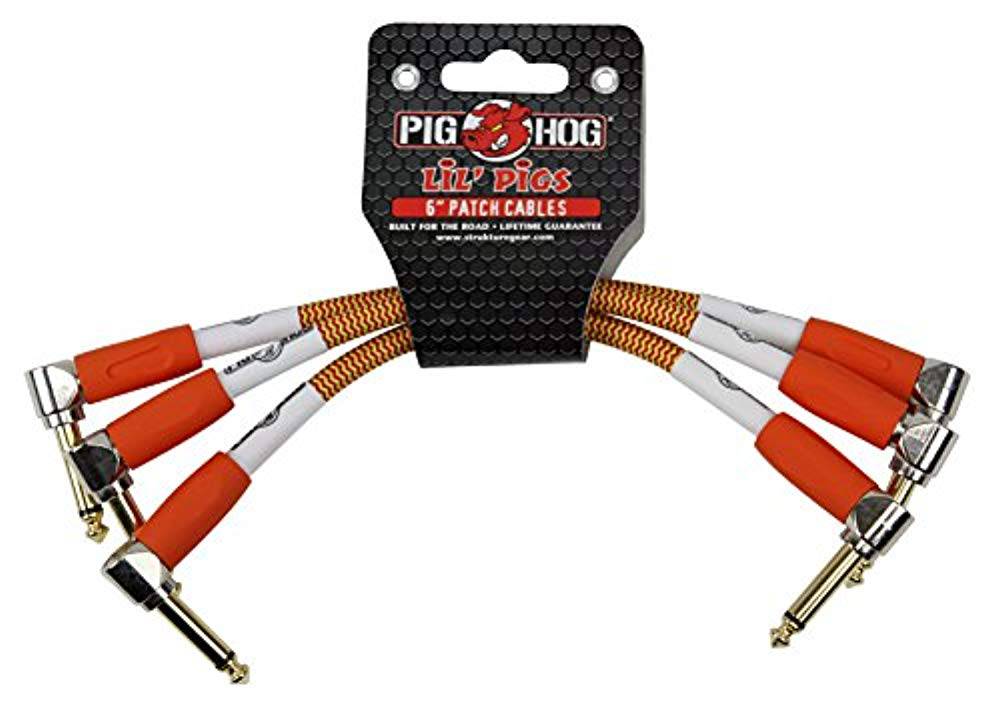 Pig Hog PHLIL6CC, 6" Lil' Pigs Right-Angle 1/4" Vintage Orange Cream Instrument Patch Cables - 3 Pack - Hollywood DJ