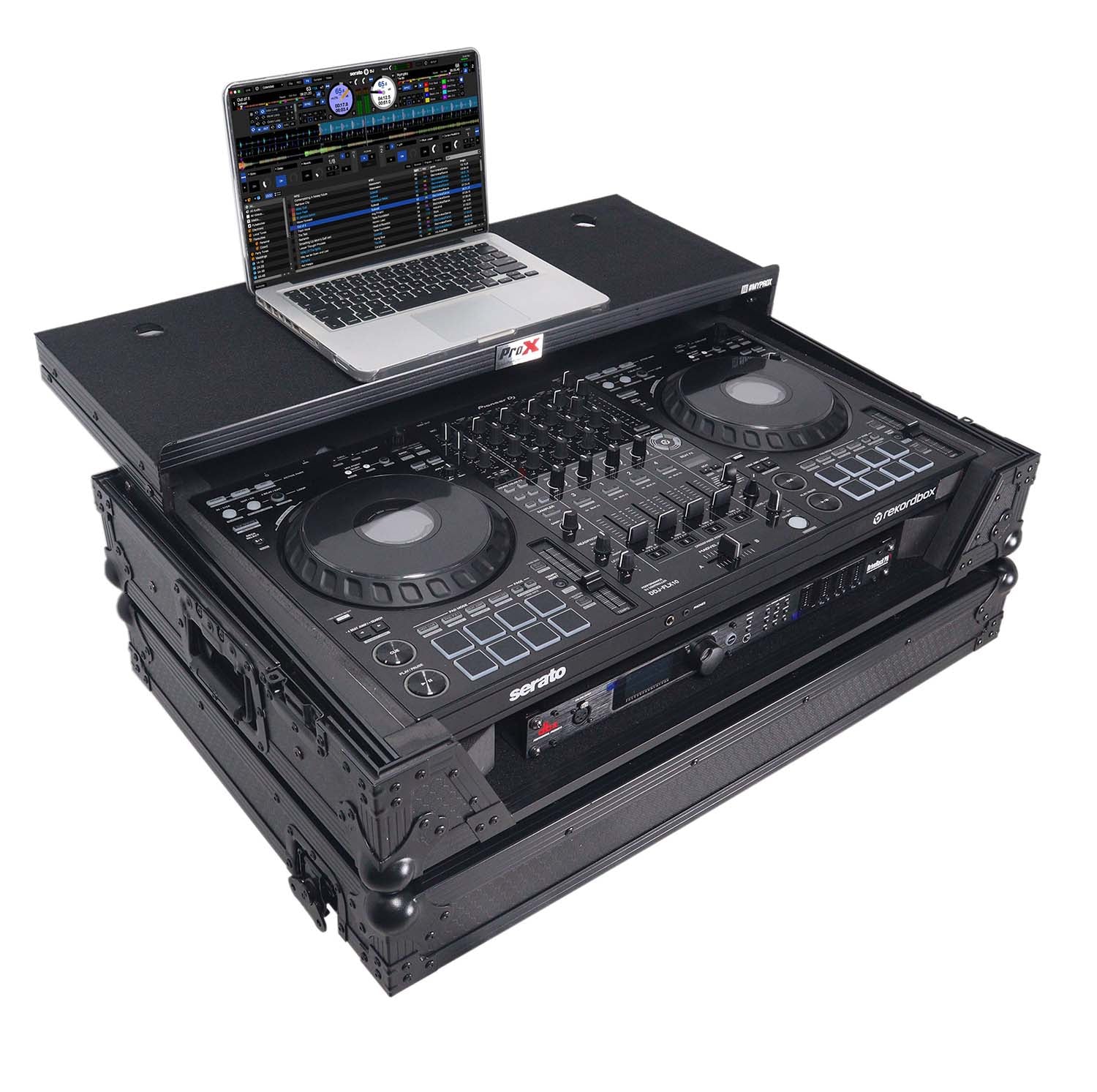 ProX XS-DDJFLX10WLTBLLED ATA Flight Style Road Case For Pioneer DDJ-FLX10 DJ Controller with Laptop Shelf 1U Rack Space Wheels and LED - Black - Hollywood DJ