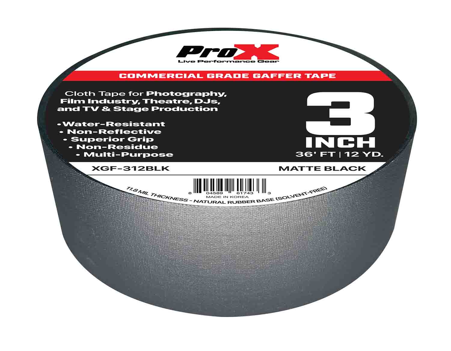 ProX XGF-312BLK, 3 Inch 12YD Matte Black Commercial Grade Gaffer Tape Pros Choice Non-Residue - 36FT - Hollywood DJ