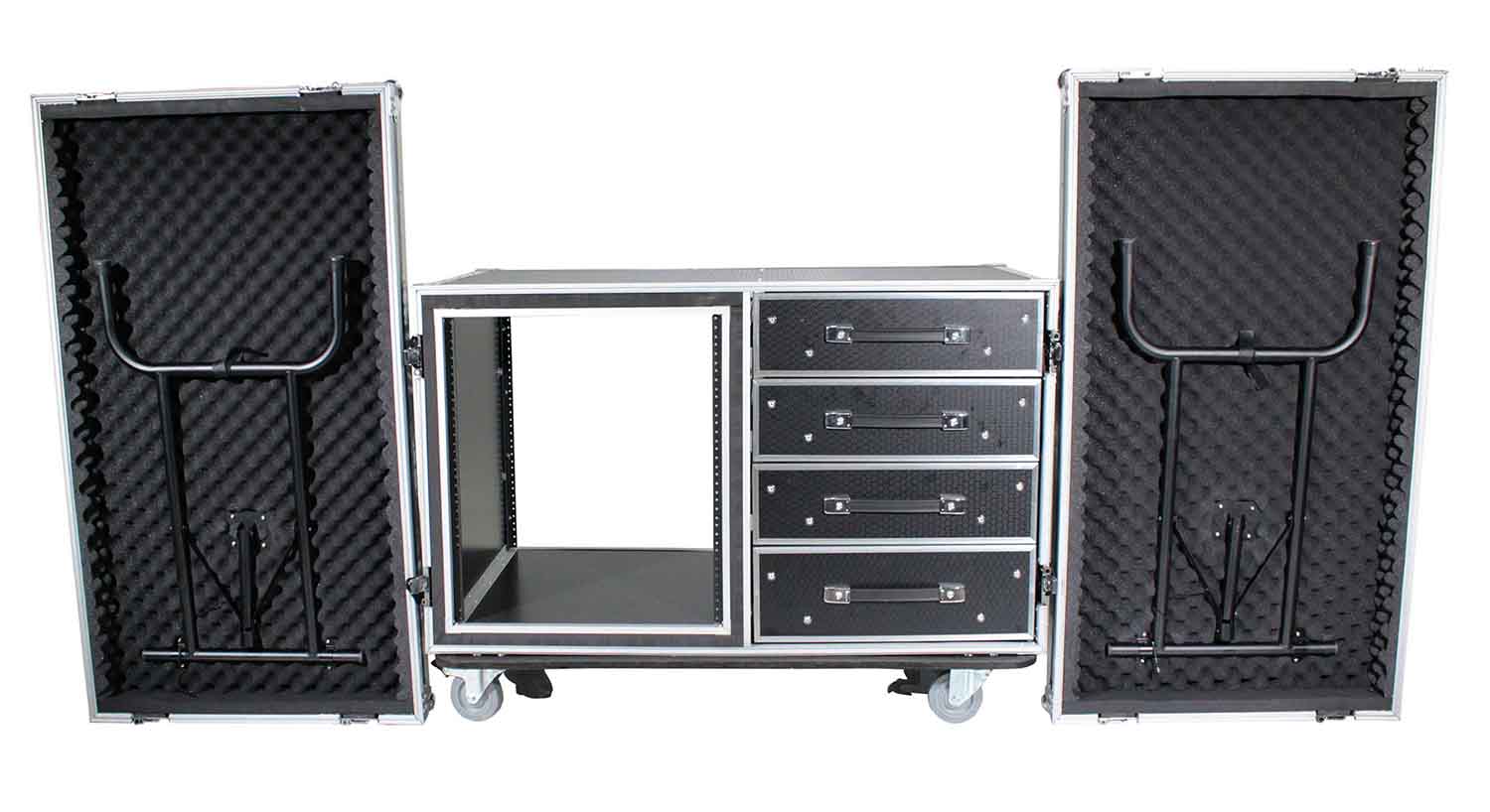 ProX XS-12U4DTW, 12U Shockproof Workstation Case with Dual Side Table and Drawers - 24 In Rail to Rail - Hollywood DJ