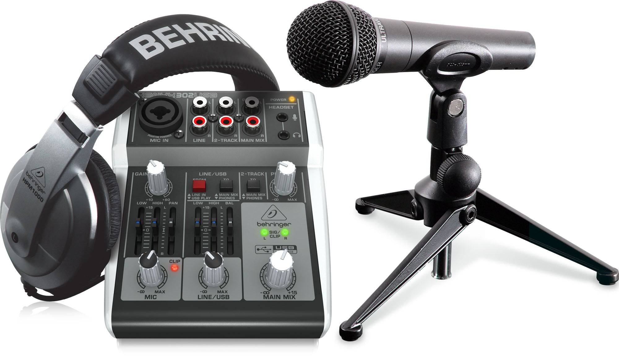 Behringer PODCASTUDIO 2 USB Complete Podcast Bundle with USB Mixer, Microphone and Headphones - Hollywood DJ