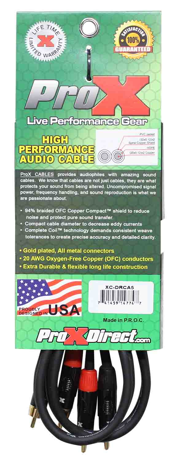 Prox XC-DRCA5 Unbalanced Dual RCA-M to Dual RCA-M High Performance Audio Cable - 5 Feet - Hollywood DJ