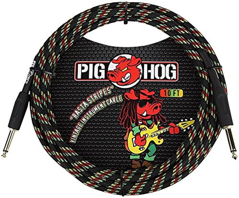 Pig Hog PCH10RA 1/4 to 1/4 Rasta Stripes Instrument Cable, 10 feet - Hollywood DJ