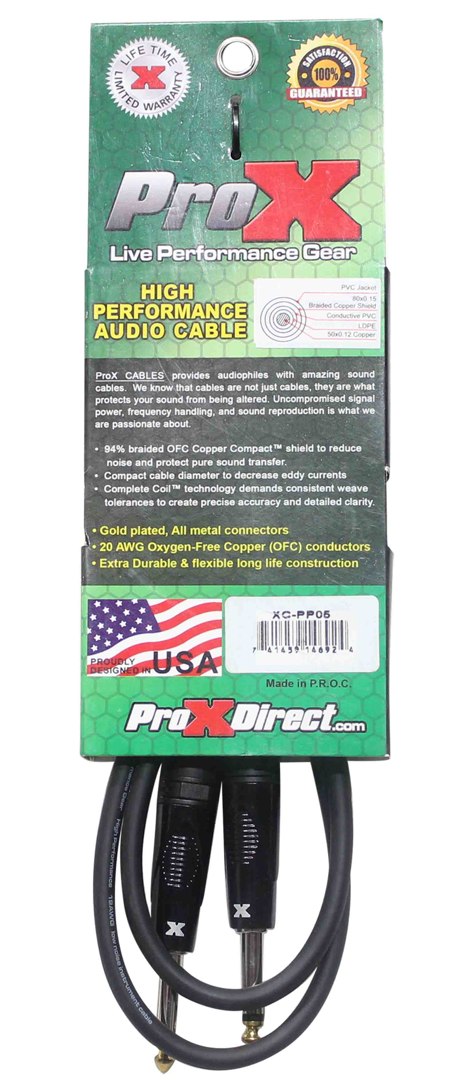 Prox XC-PP05 Unbalanced 1/4" TS-M to 1/4" TS-M High Performance Audio Cable - 5 Feet - Hollywood DJ