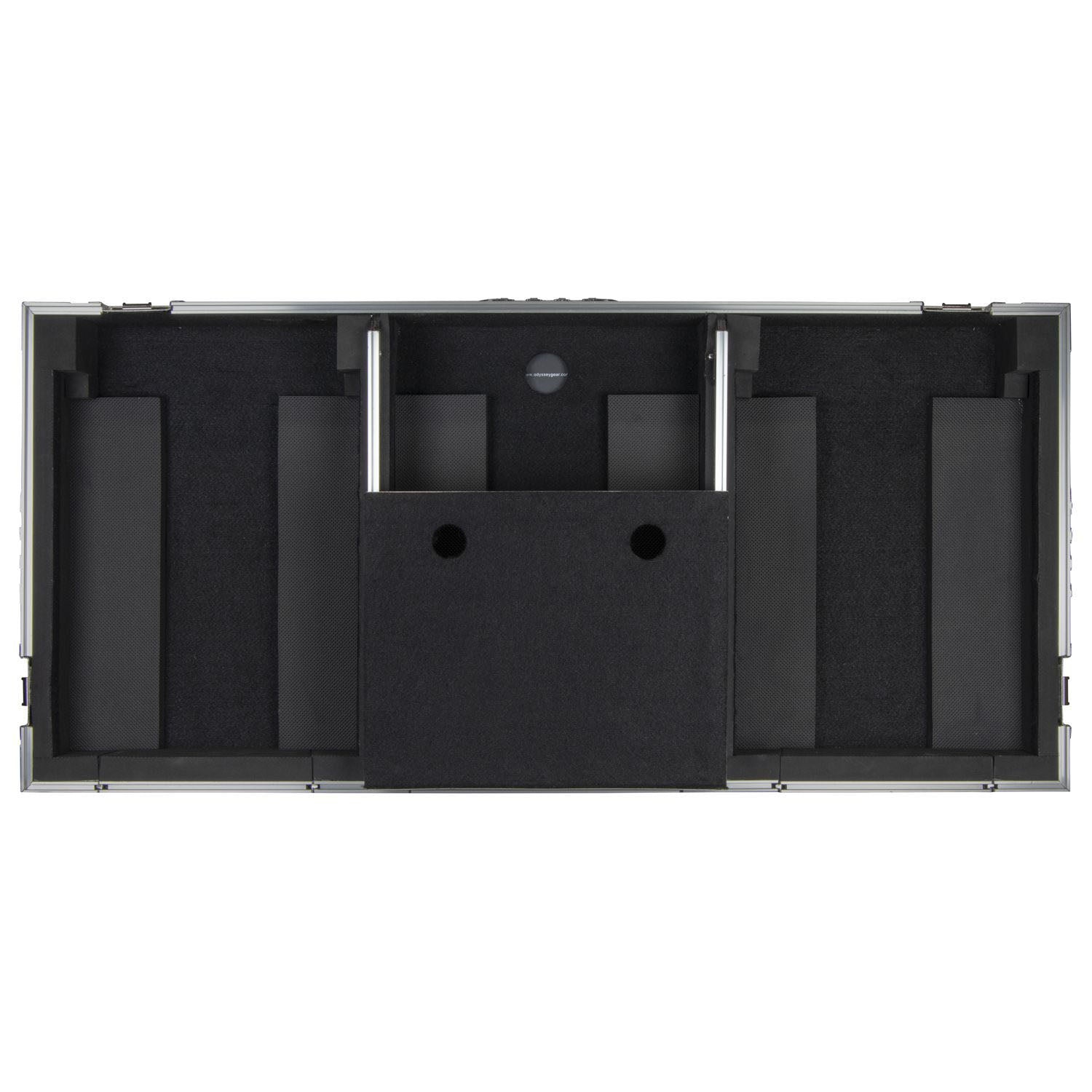 Odyssey FZGSL12CDJWR Black Low Profile 12″ Format DJ Mixer and Two Large Format Media Players Flight Coffin Case with Wheels and Glide Platform Odyssey