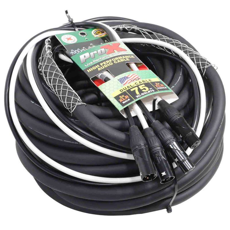 ProX XC-DXLR75 Balanced Dual XLR-M to Dual XLR-F High Performance Audio Cable - 75 Feet - Hollywood DJ