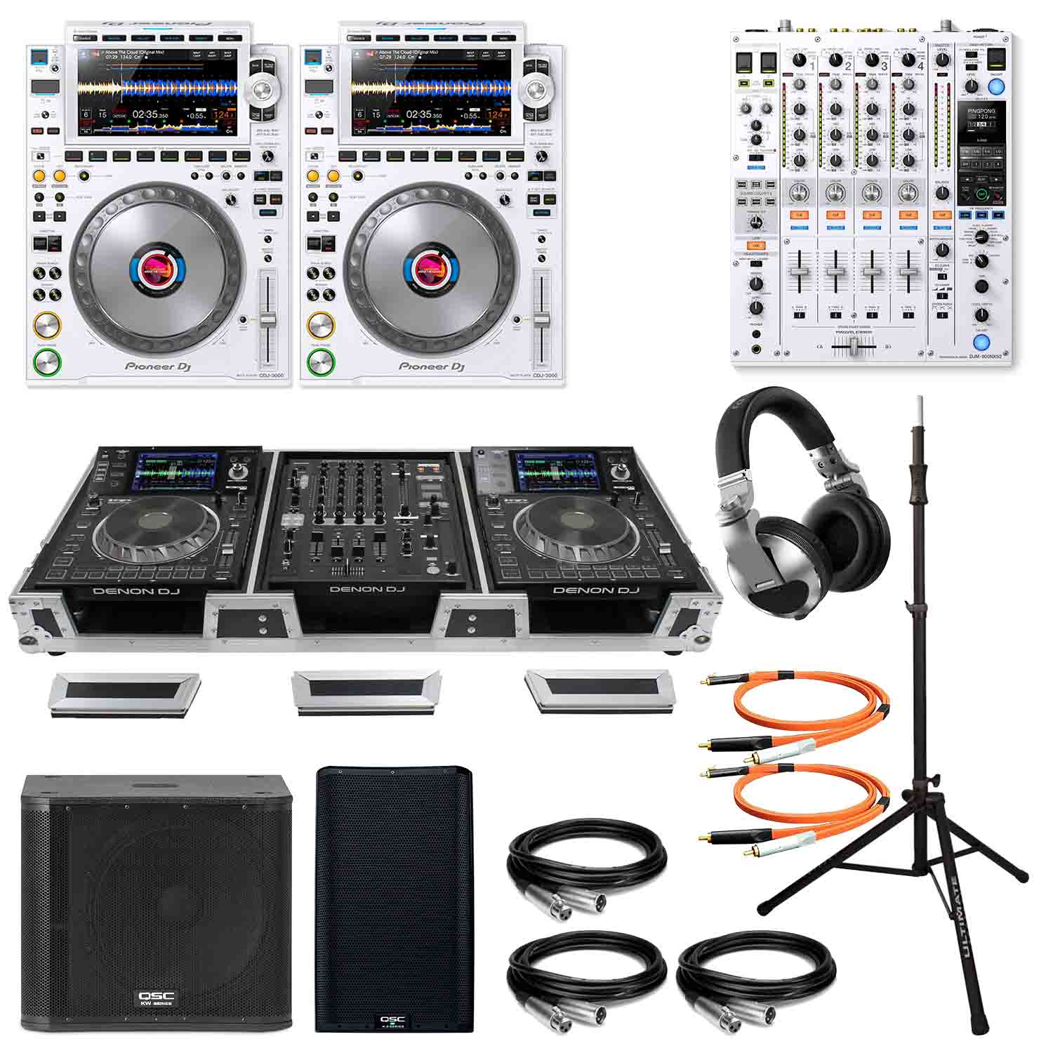 CDJ3000 Club DJ Package with DJM-900NXS2, QSC Speakers, Pro Case, Speaker Stands and Accessories - White - Hollywood DJ