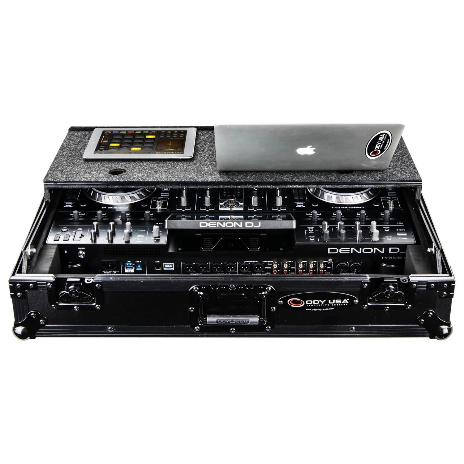 Odyssey FZGSPRIME4BL, Black Denon Prime 4 Flight Case with Glide Platform - Hollywood DJ