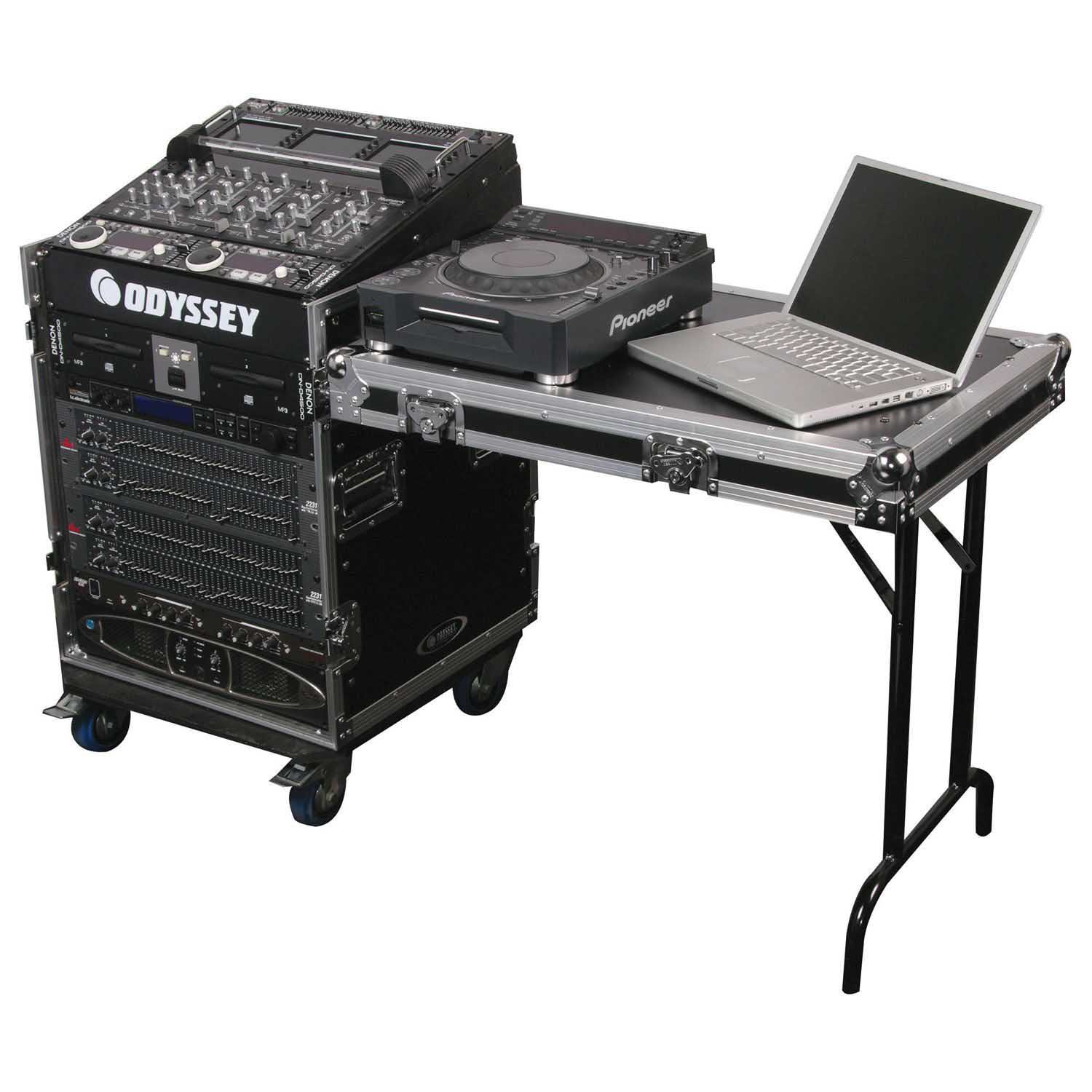 Odyssey FZ1112WDLX 11U Top Slanted 12U Vertical Pro Combo Rack with Side Table and Casters - Hollywood DJ