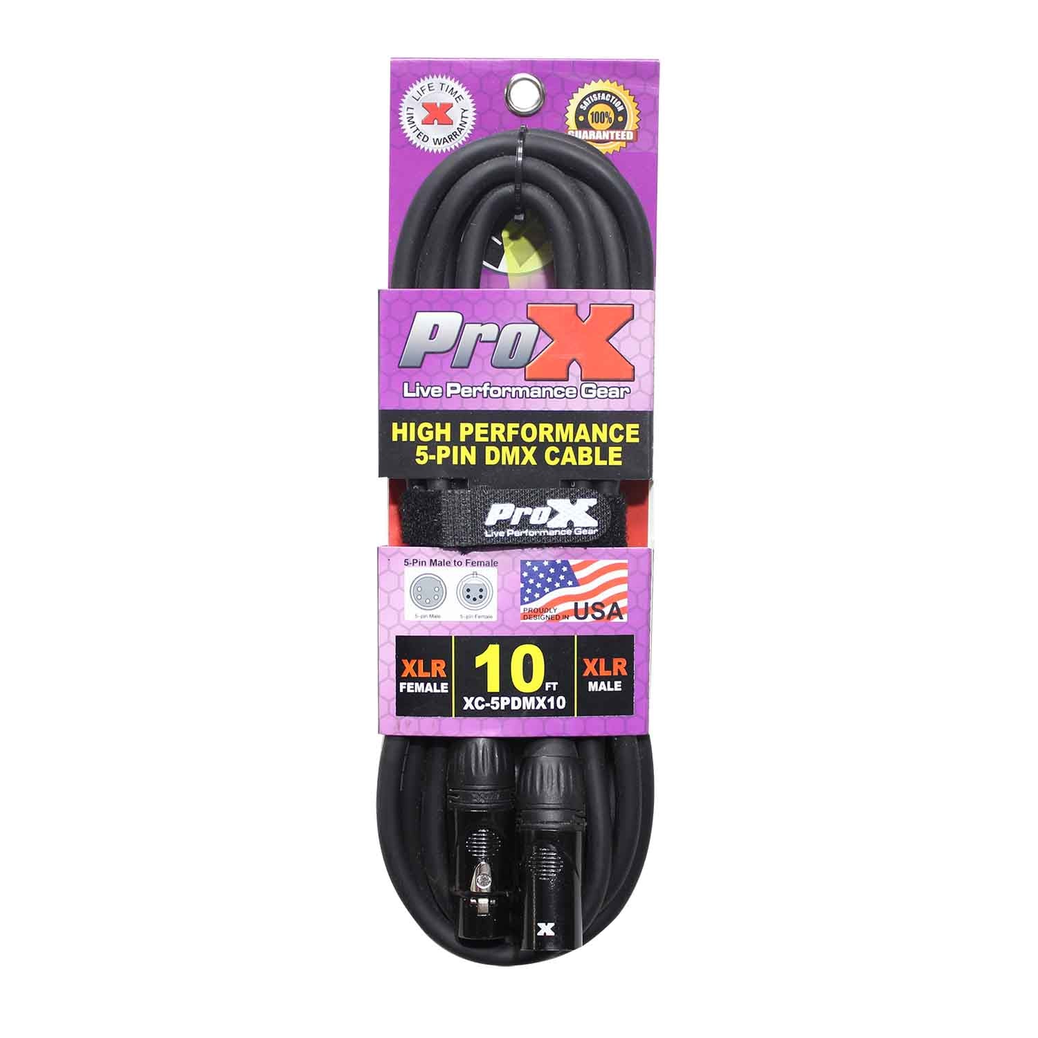 ProX XC-5PDMX10, DMX XLR5-M to XLR5-F High Performance Cable - 10 Feet - Hollywood DJ