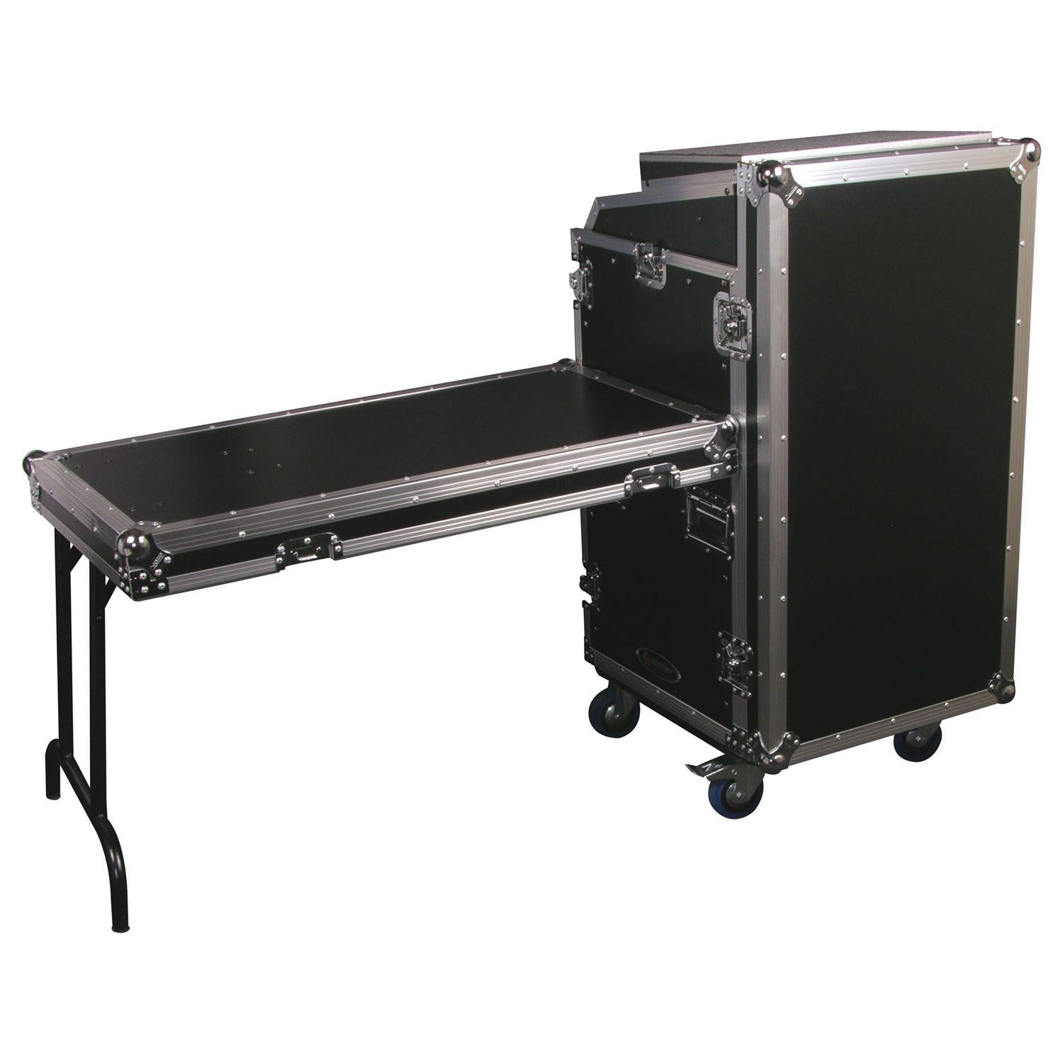 Open Box: Odyssey FZGS1116WDLX Deluxe 11U Top Slanted 16U Bottom Vertical Pro Combo Rack with Casters, Side Table, and Glide Platform - Hollywood DJ