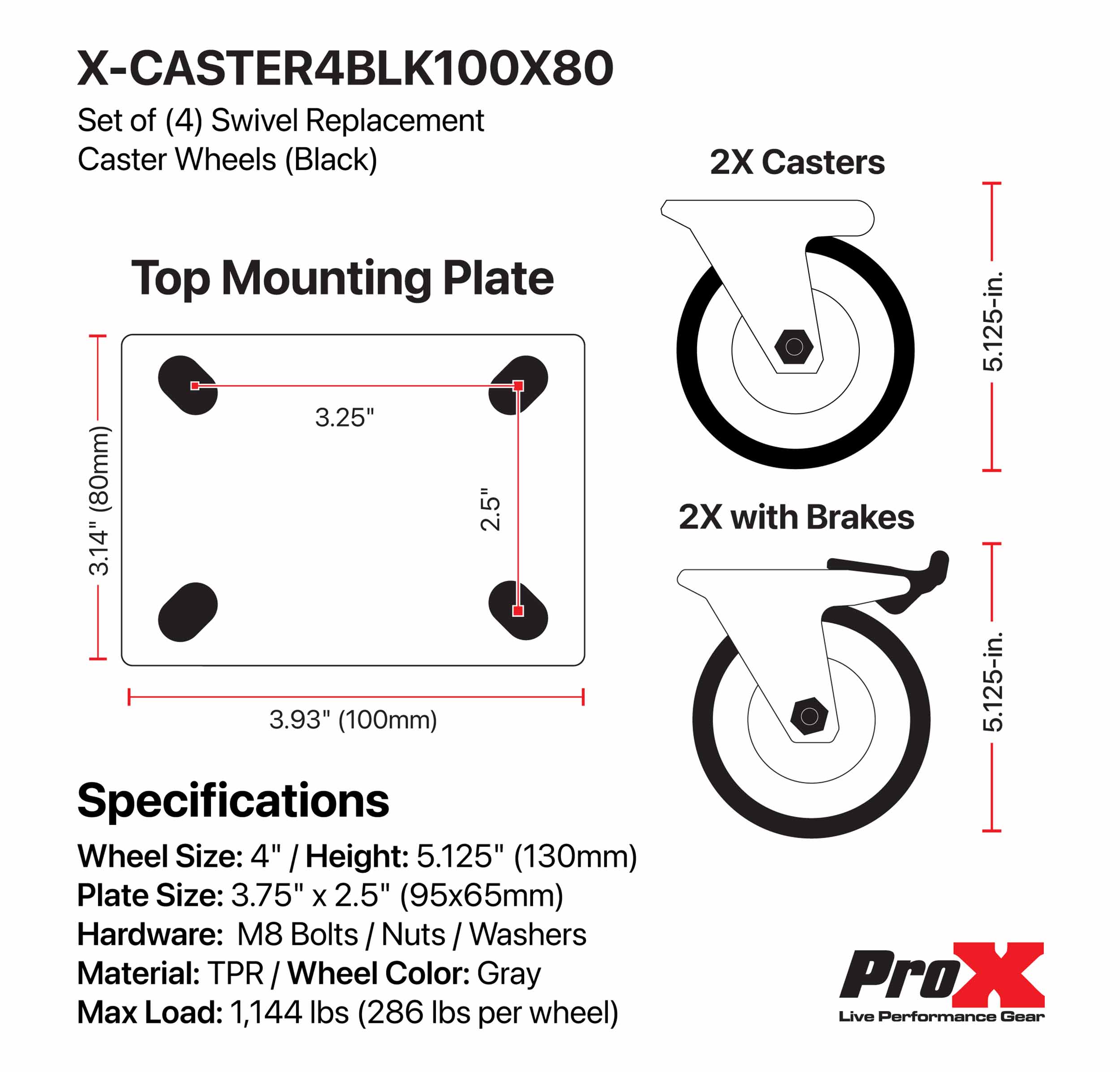 ProX X-CASTER4BLK100X80, Set of (4) Black Replacement 4-inch Industrial Grade Caster Wheels by ProX Cases