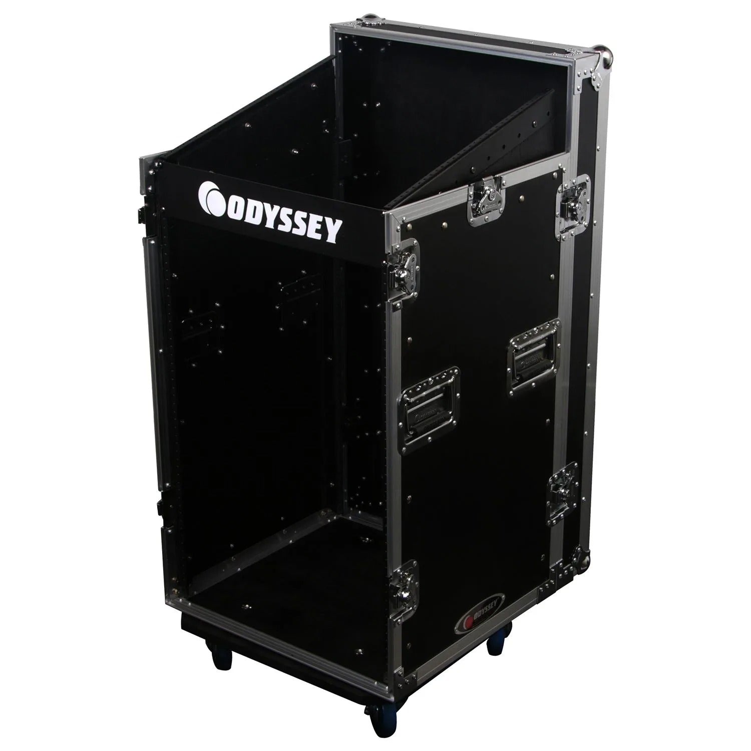 Odyssey FZSRP1116W, 11U Top Slanted 16U Bottom Vertical Space Saver Combo Rack With Wheels - Hollywood DJ