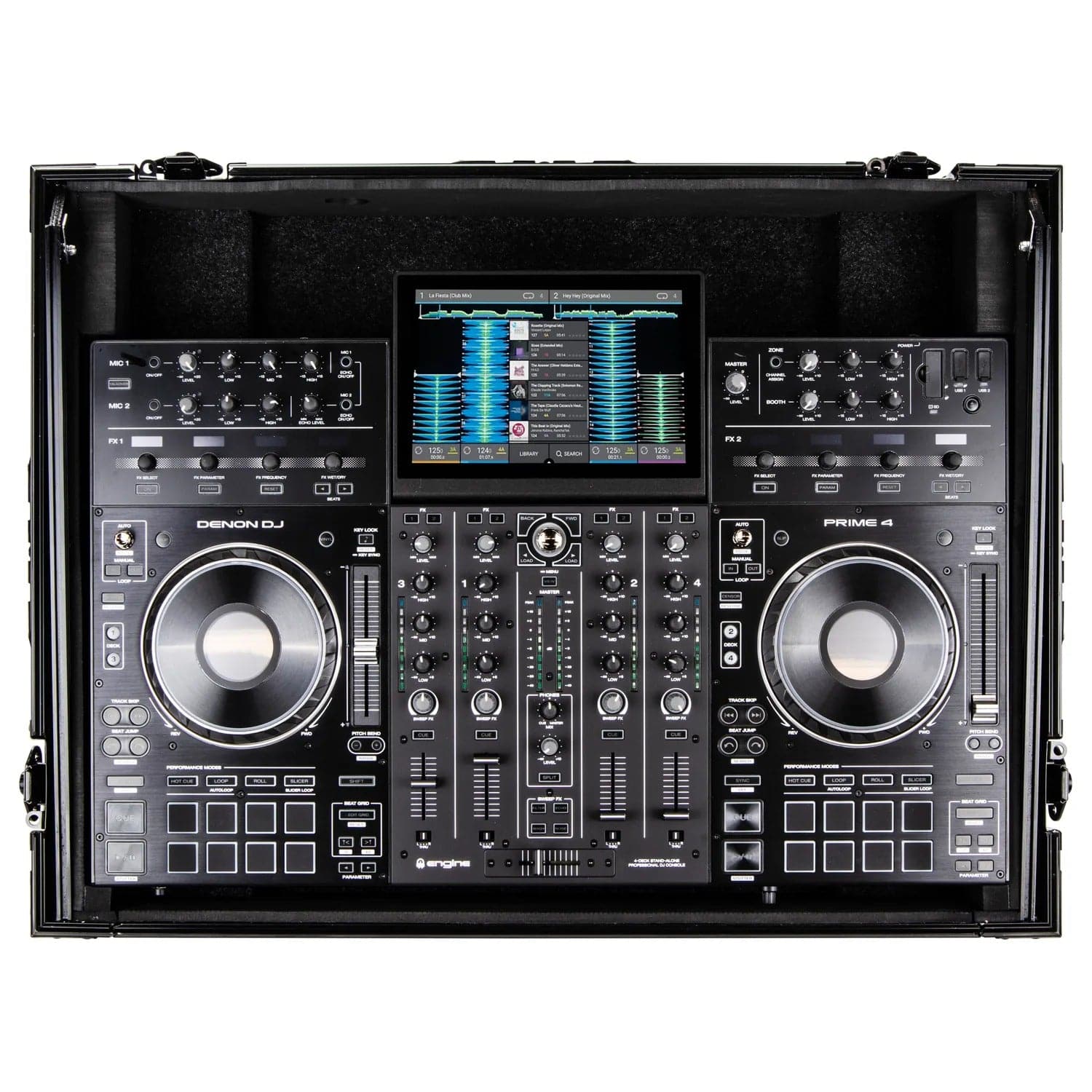 Odyssey FZGSPRIME4BL, Black Denon Prime 4 Flight Case with Glide Platform - Hollywood DJ