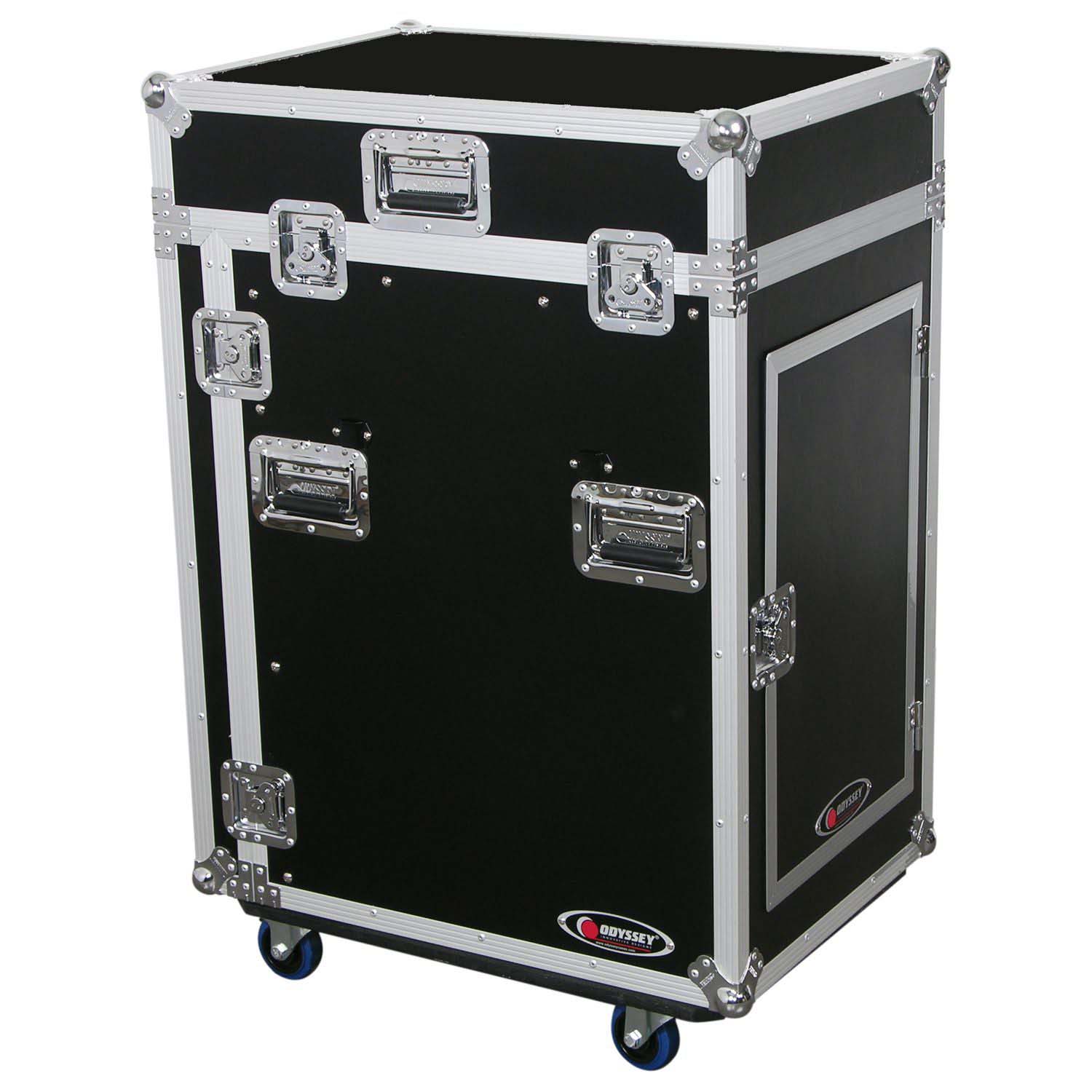 Odyssey FZ1316WDLX-CUSTOM - EXTRA TALL LID TO FIT MIDAS M32R - Deluxe 13U Top Slanted 16U Bottom Vertical Pro Combo Rack with Side Table and Casters - Hollywood DJ
