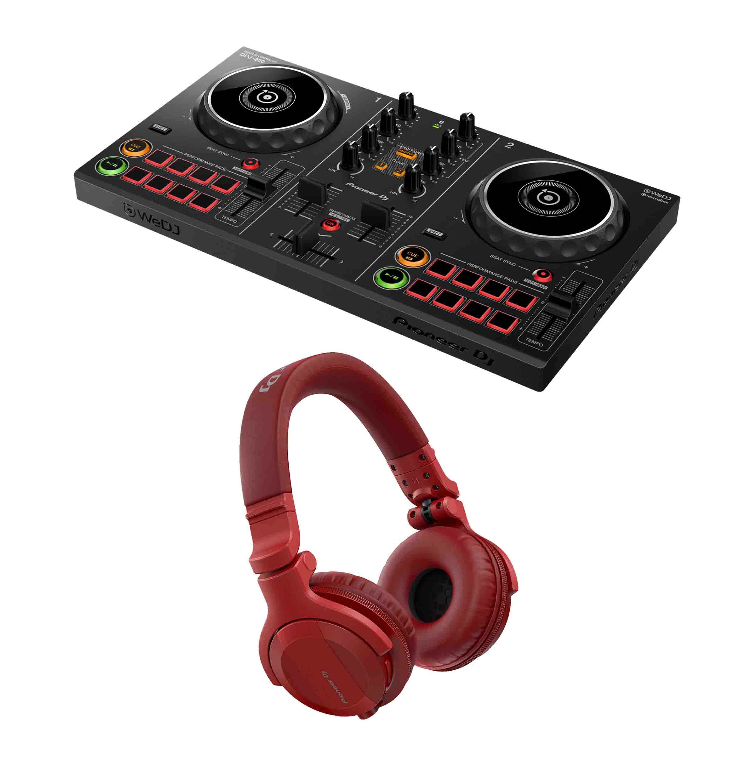 Pioneer DJ DDJ200 Controller Package with On-Ear Headphones - Red - Hollywood DJ