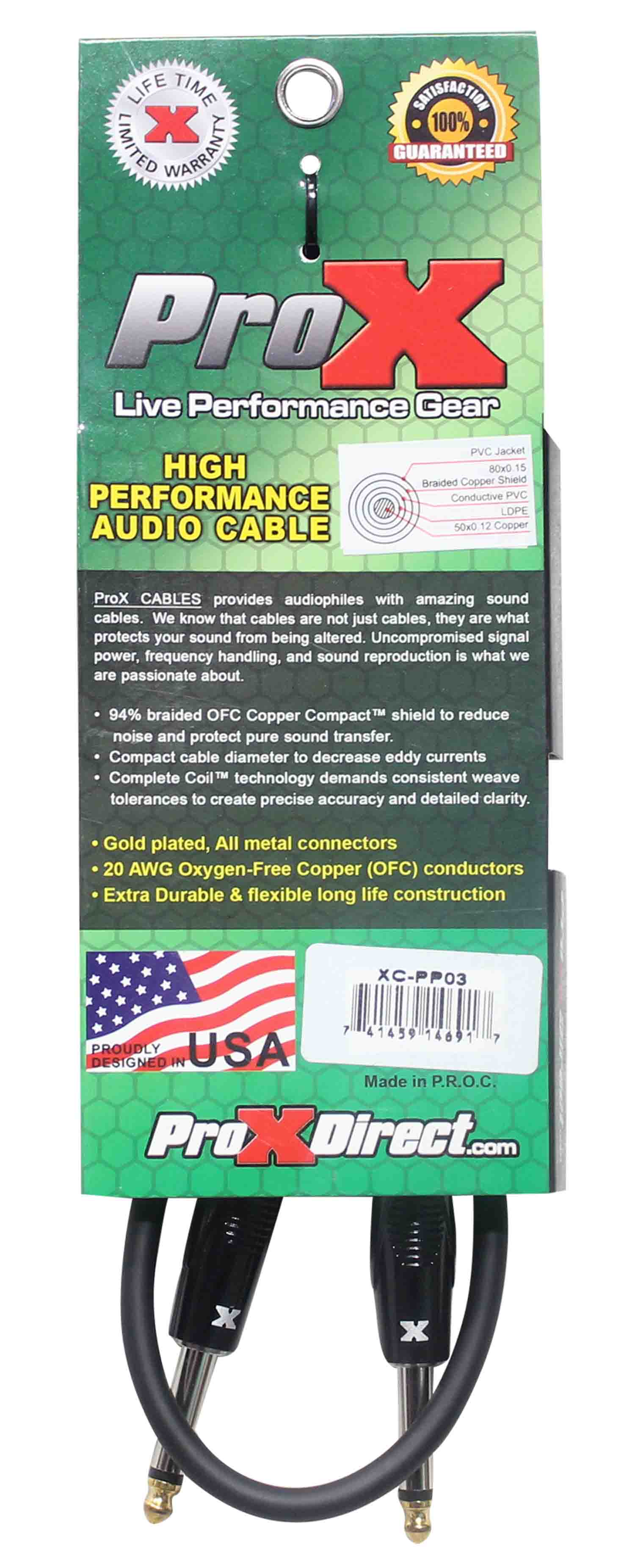 Prox XC-PP03 Unbalanced 1/4" TS-M to 1/4" TS-M High Performance Audio Cable - 3 Feet - Hollywood DJ