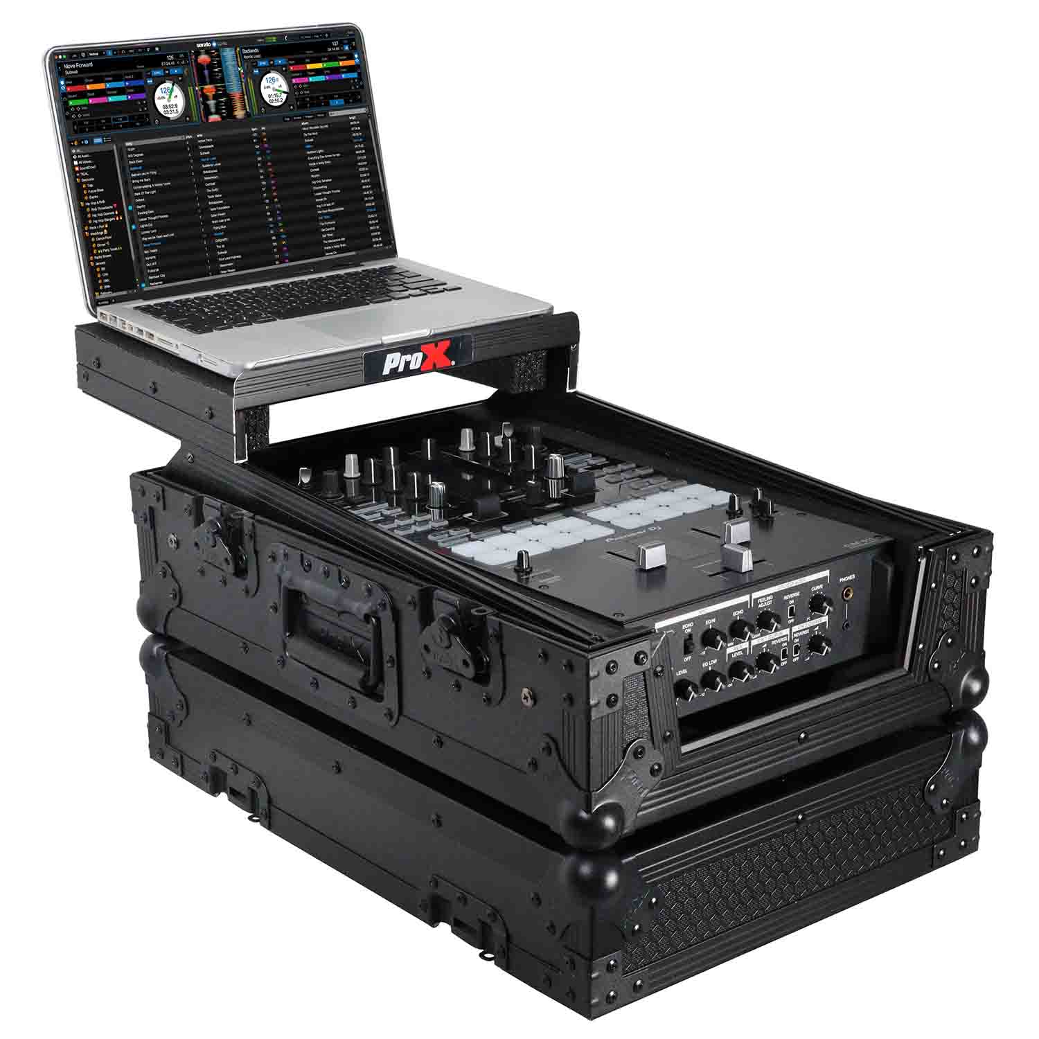 ProX XS-DJMS11LTBL, Flight Case for Pioneer DJM-S11 Mixer with Sliding Laptop Shelf - Black on Black - Hollywood DJ