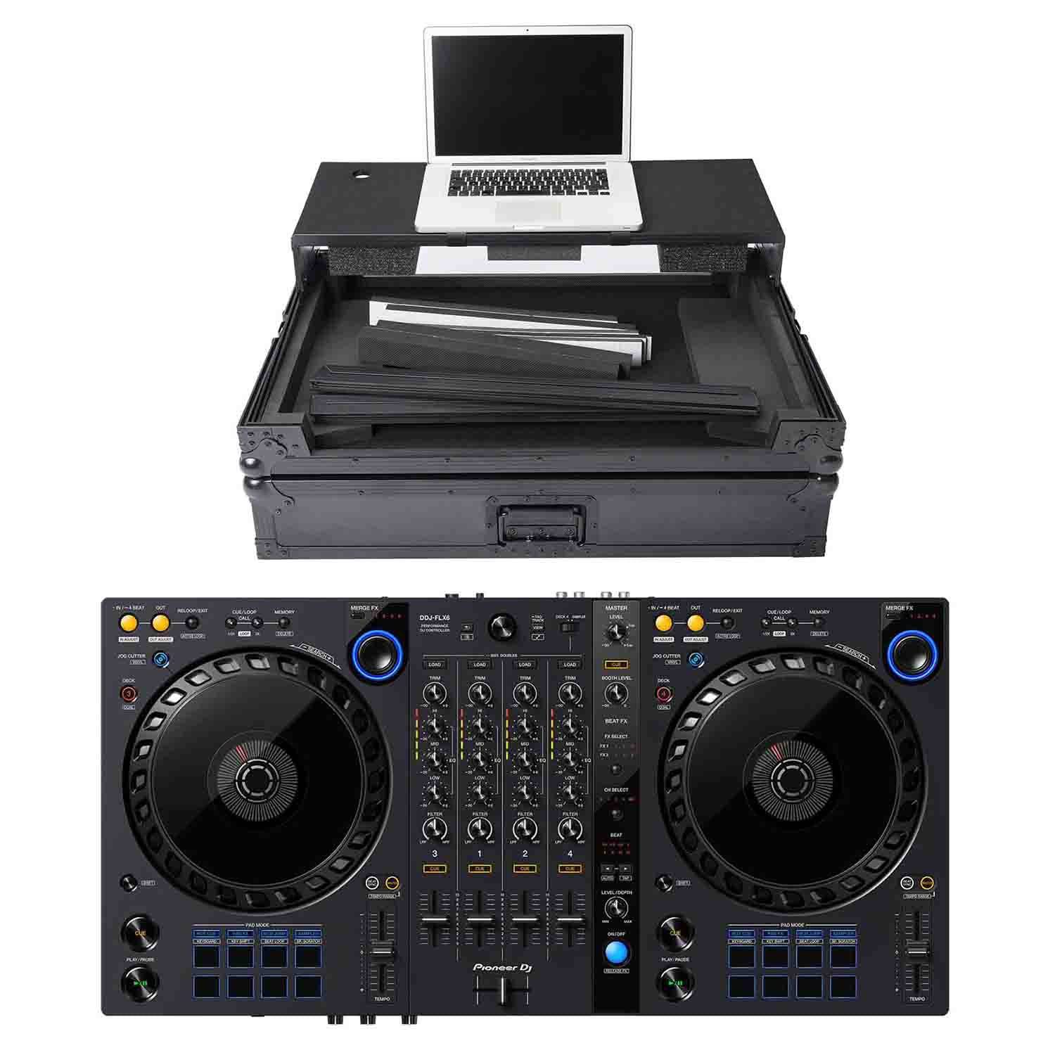 Magma DJ Package with MGA40982 Multi-Format DJ Workstation Case and Pioneer DJ DDJ-FLX6 DJ Controller - Hollywood DJ