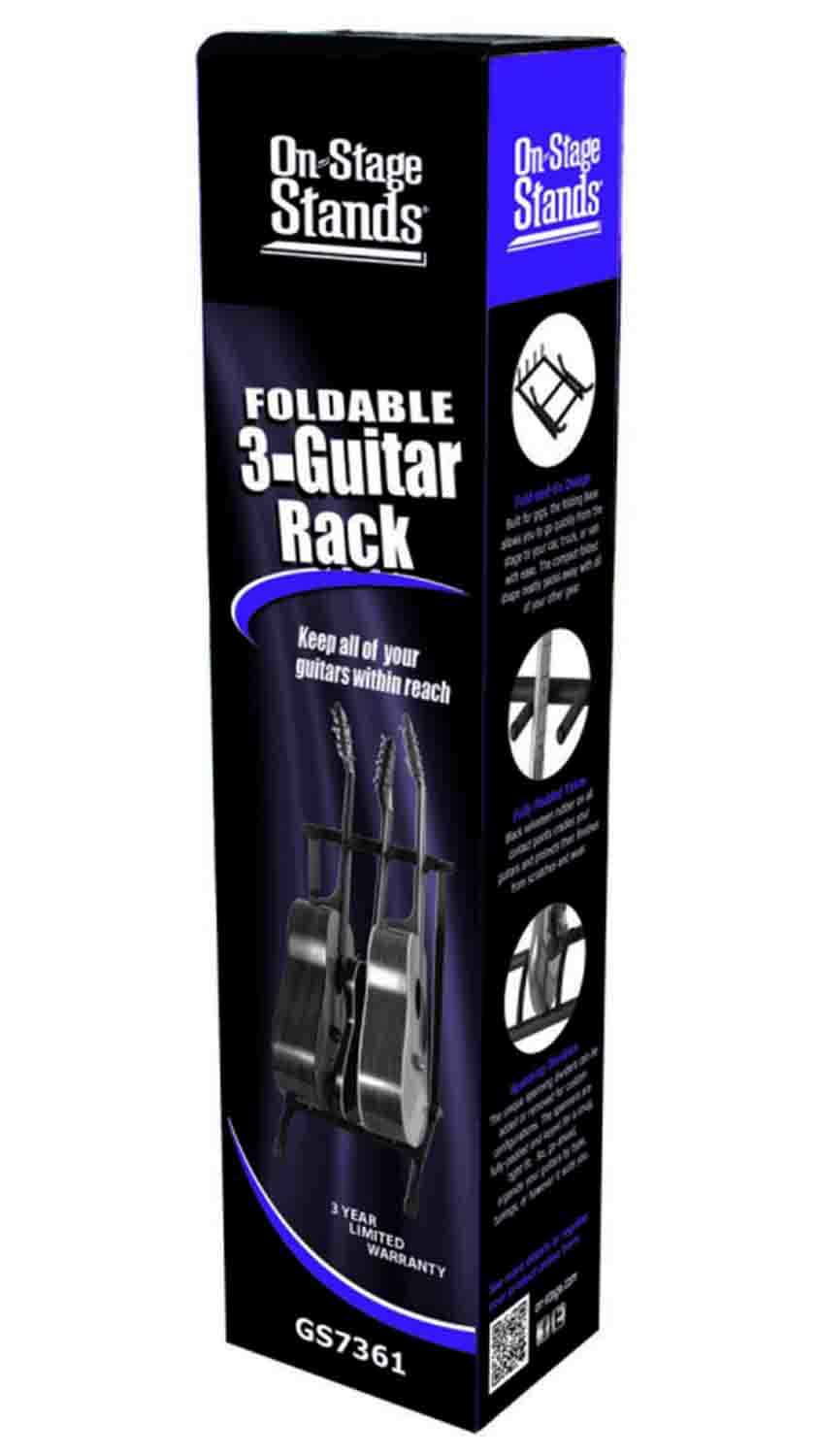 OnStage GS7361 3-Space Foldable Multi-Guitar Rack - Black - Hollywood DJ