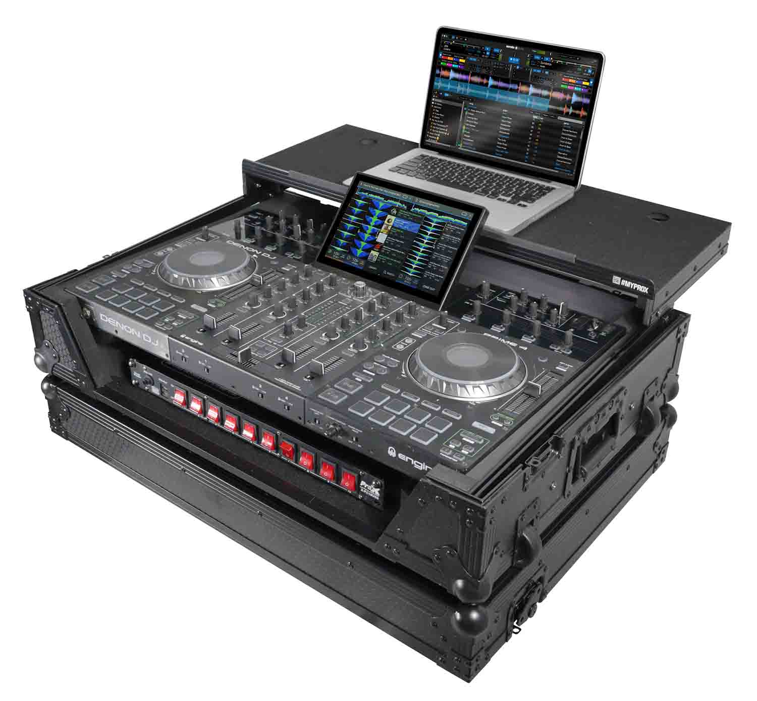 ProX XS-PRIME4 WLTBL Flight Case for Denon Prime 4 DJ Controller with Sliding Laptop Shelf - Black Finish - Hollywood DJ