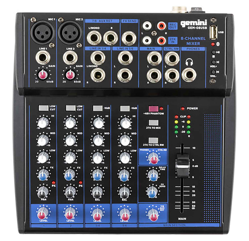 Gemini Sound GEM-08USB, Compact 8-Channel Bluetooth Audio Mixer with USB - Hollywood DJ