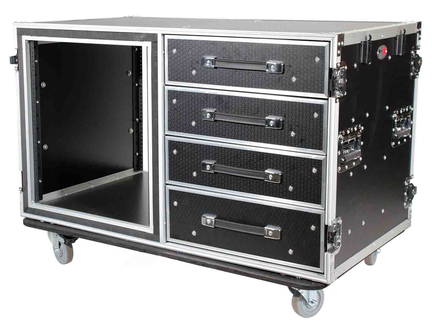 ProX XS-12U4DTW, 12U Shockproof Workstation Case with Dual Side Table and Drawers - 24 In Rail to Rail - Hollywood DJ