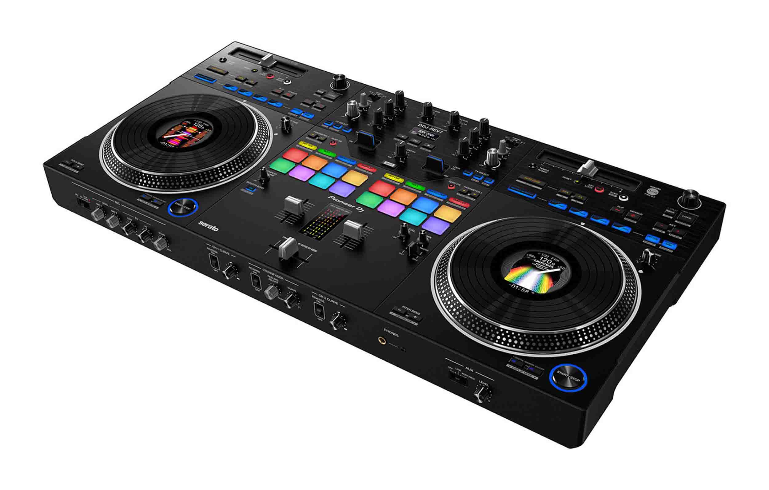 Pioneer DDJ-REV7, 2-Channel DJ Controller Package with Odyssey Flight Case and Headliner Laptop Stand - Hollywood DJ