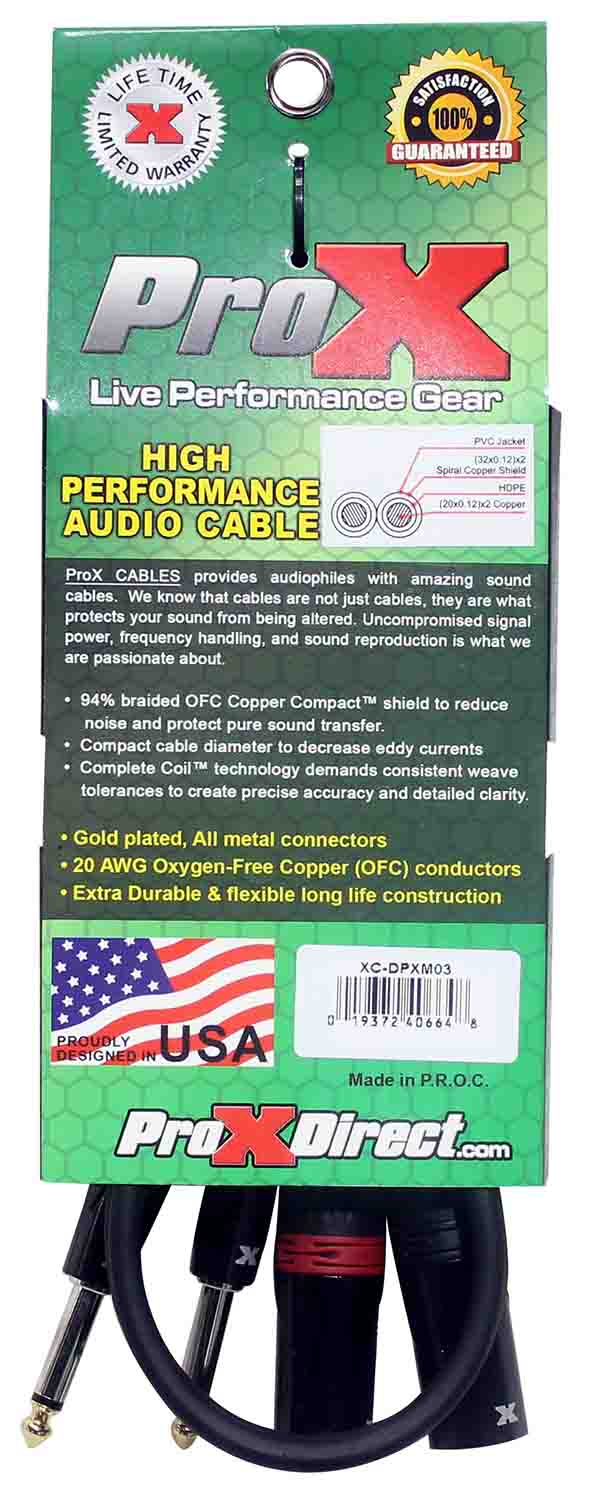Prox XC-DPXM03 Unbalanced Dual 1/4" TS-M to Dual XLR-M High Performance Audio Cable- 3 Feet - Hollywood DJ