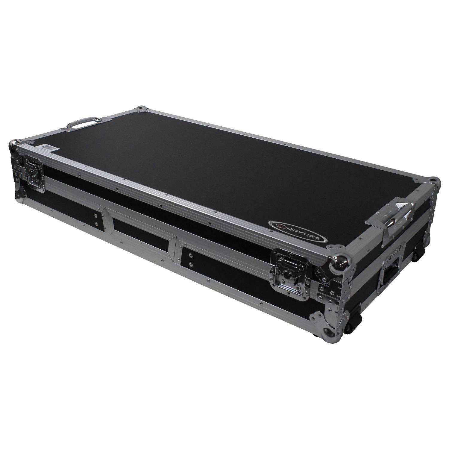 Odyssey FZGSLBM10WR Black Low Profile 10″ Format DJ Mixer and Two Battle Position Turntables Flight Coffin Case with Wheels and Glide Platform - Hollywood DJ