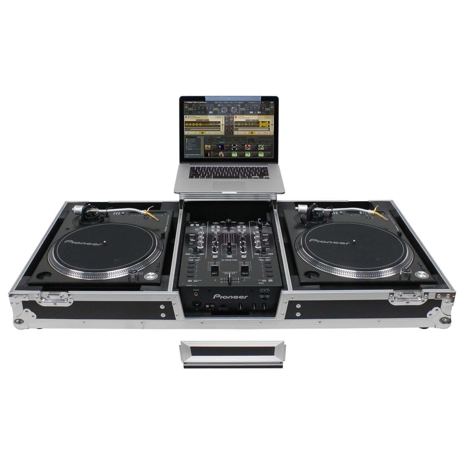 Odyssey FZGSLBM10WR Black Low Profile 10″ Format DJ Mixer and Two Battle Position Turntables Flight Coffin Case with Wheels and Glide Platform - Hollywood DJ