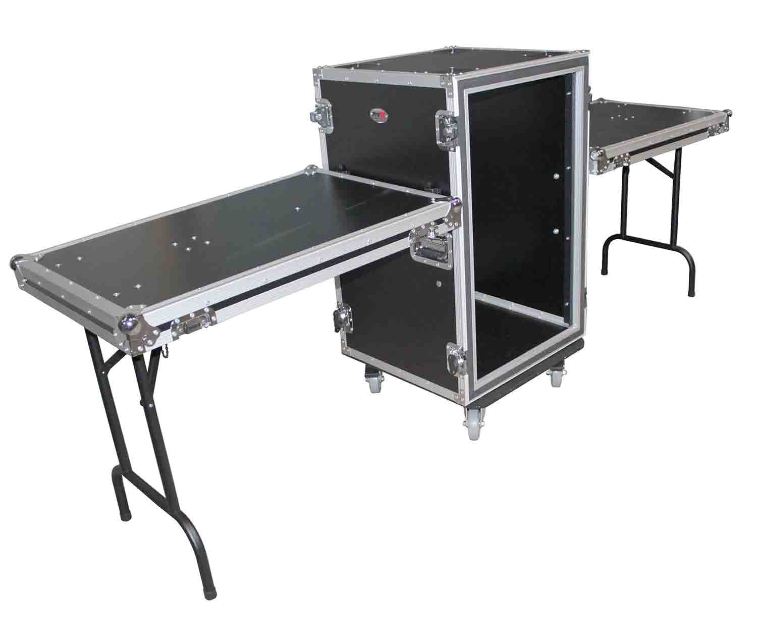 ProX T-18RSP24DST, 18U Vertical Shockproof Amp Rack Case W-Side Tables and 4 Casters - 24 In Rail to Rail - Hollywood DJ