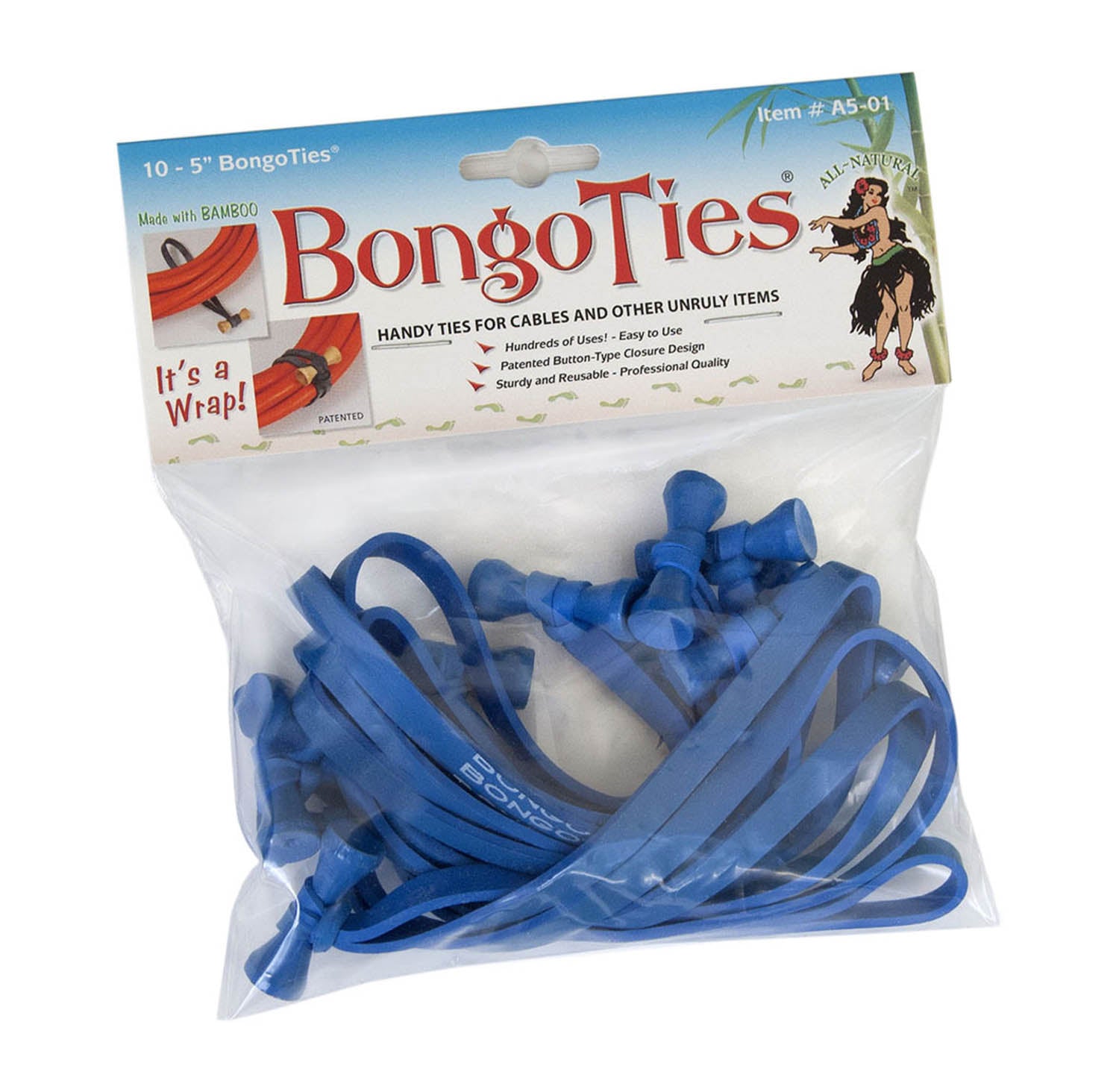 Bongo Ties A5-01-B,10-Pack 5-Inch Elastic Cable Ties - Blue - Hollywood DJ