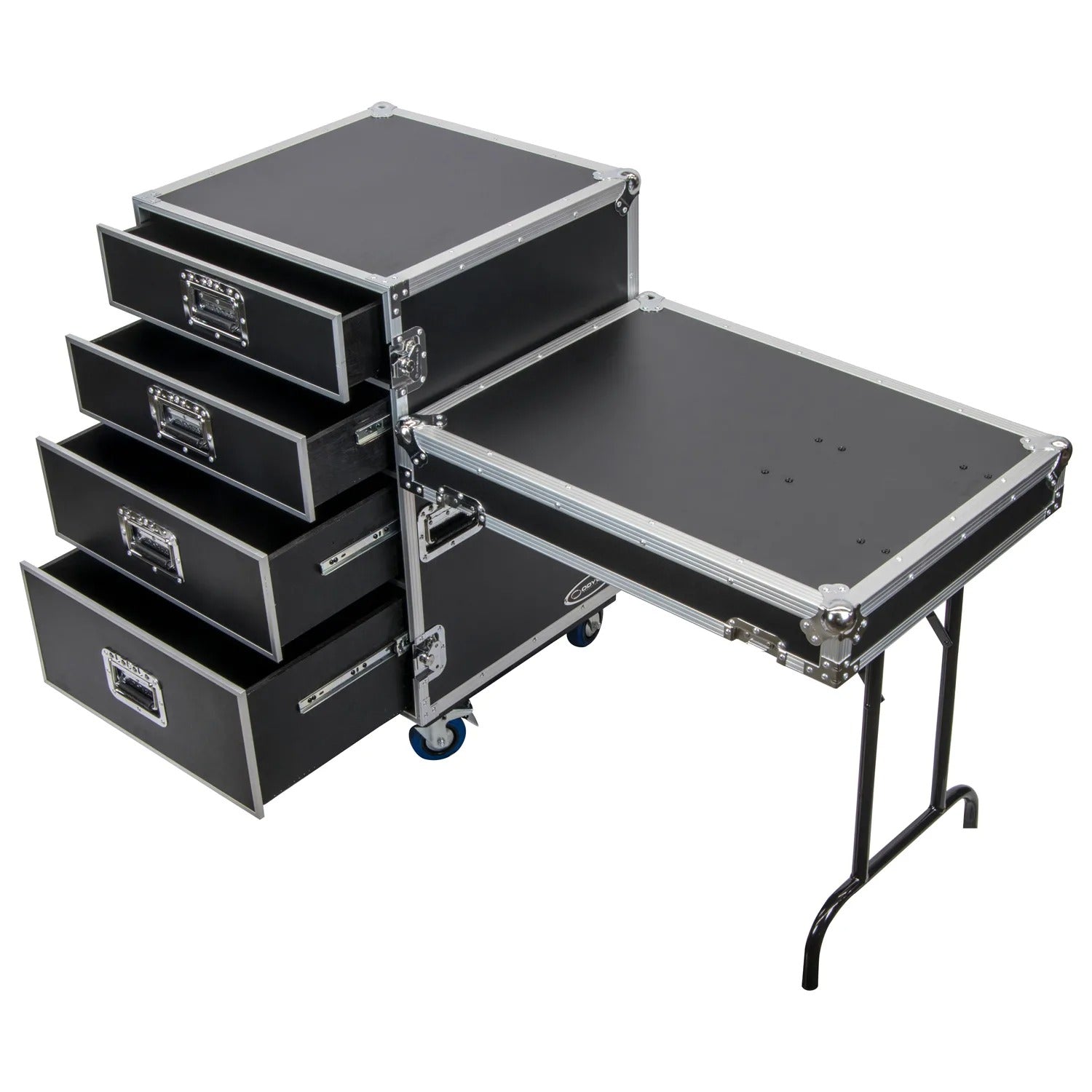 Odyssey FZWB4WDLX DJ Flight Case for Deluxe Four Drawer Workbox Tour with Casters And Side Table Odyssey