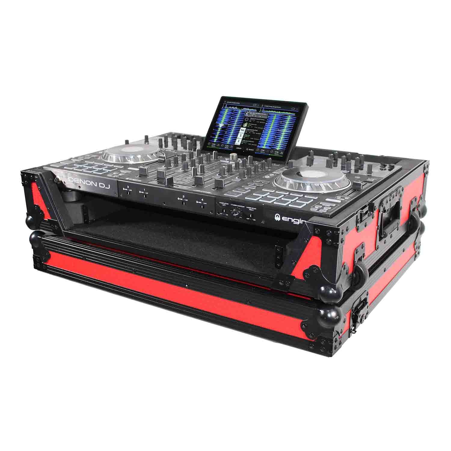 ProX XS-PRIME4 WRB, DJ Flight Case for Denon Prime 4 Standalone DJ System with Wheels - Black on Red - Hollywood DJ