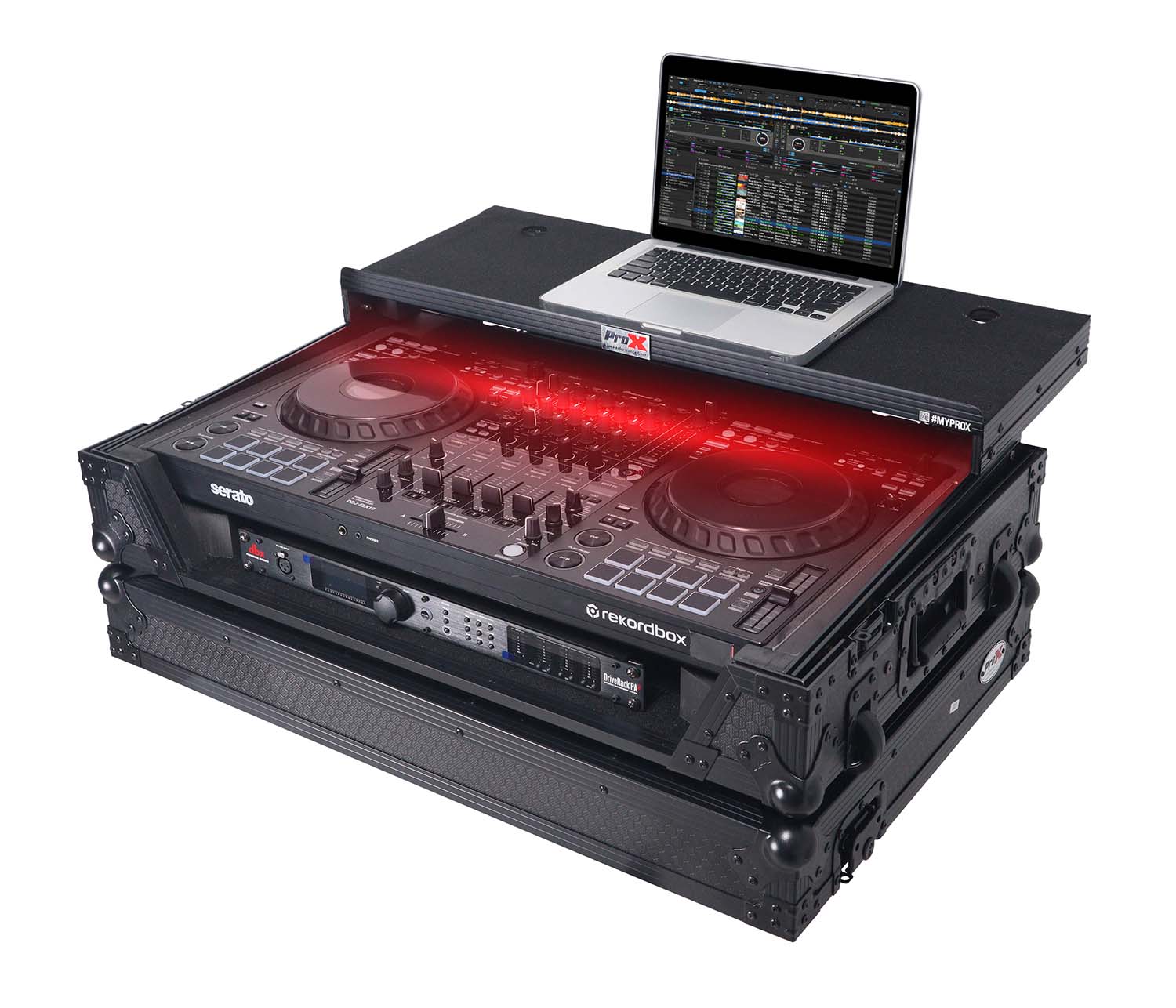 ProX XS-DDJFLX10WLTBLLED ATA Flight Style Road Case For Pioneer DDJ-FLX10 DJ Controller with Laptop Shelf 1U Rack Space Wheels and LED - Black - Hollywood DJ