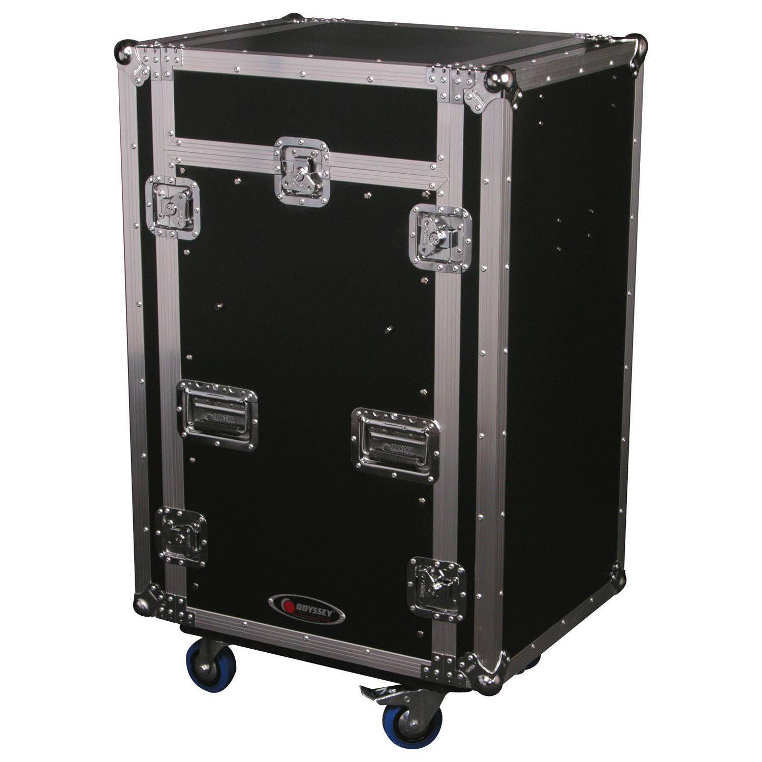 Odyssey FZGS1116WDLX Deluxe 11U Top Slanted 16U Bottom Vertical Pro Combo Rack with Casters, Side Table, and Glide Platform - Hollywood DJ