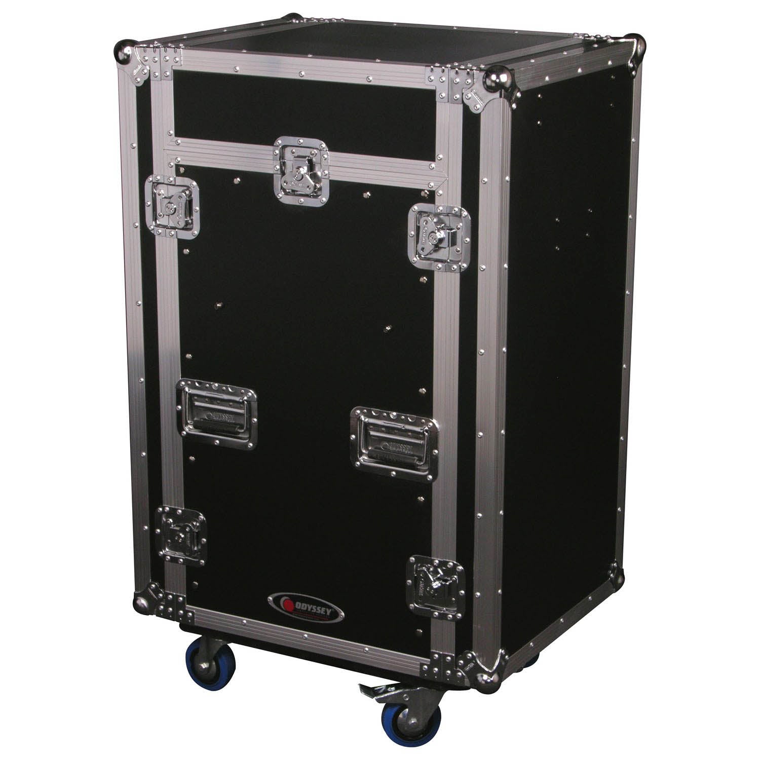Open Box: Odyssey FZGS1116WDLX Deluxe 11U Top Slanted 16U Bottom Vertical Pro Combo Rack with Casters, Side Table, and Glide Platform - Hollywood DJ