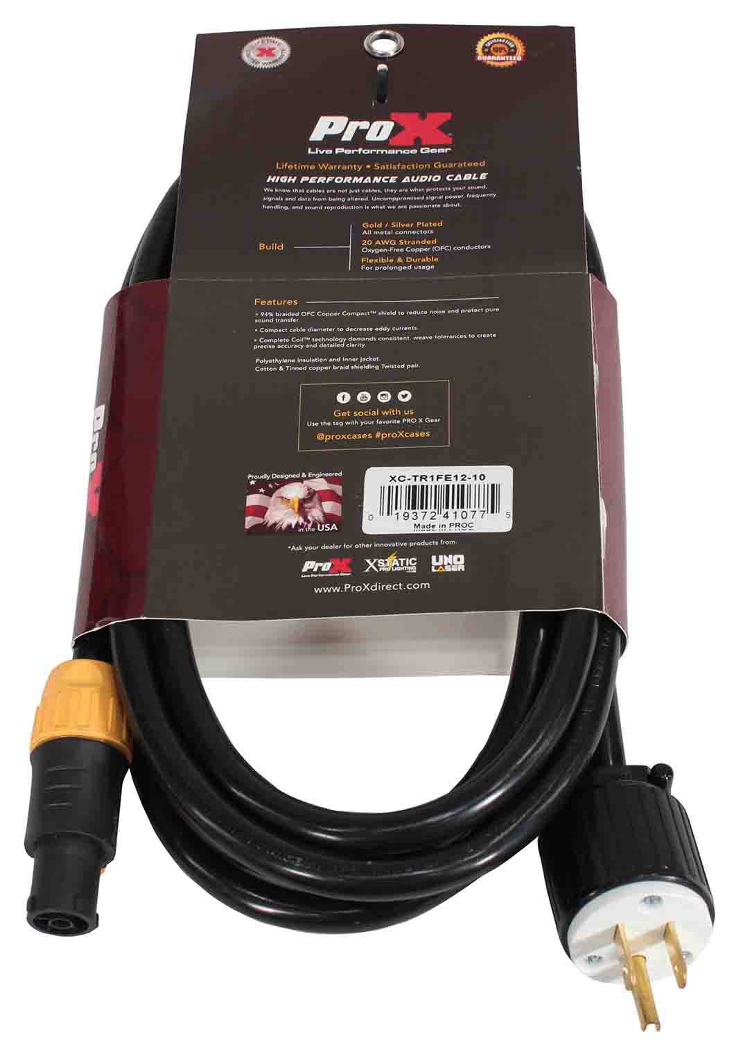 ProX XC-TR1FE12-10, 12AWG 120VAC Male Edison NEMA 5-15P to Male Cable for Powercon Compatbile Devices - 10 Feet - Hollywood DJ