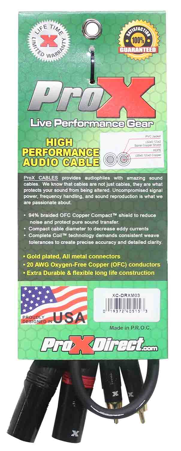 Prox XC-DRXM03 Unbalanced Dual RCA-M to Dual XLR3-M High Performance Audio Cable - 3 Feet - Hollywood DJ