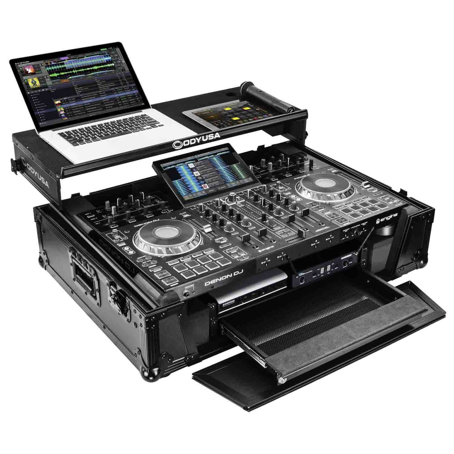 Odyssey FZGSPRIME4W2BL Denon Prime 4 Black Flight Case with Patented Glide Laptop Platform and 2U Rack Space - Hollywood DJ