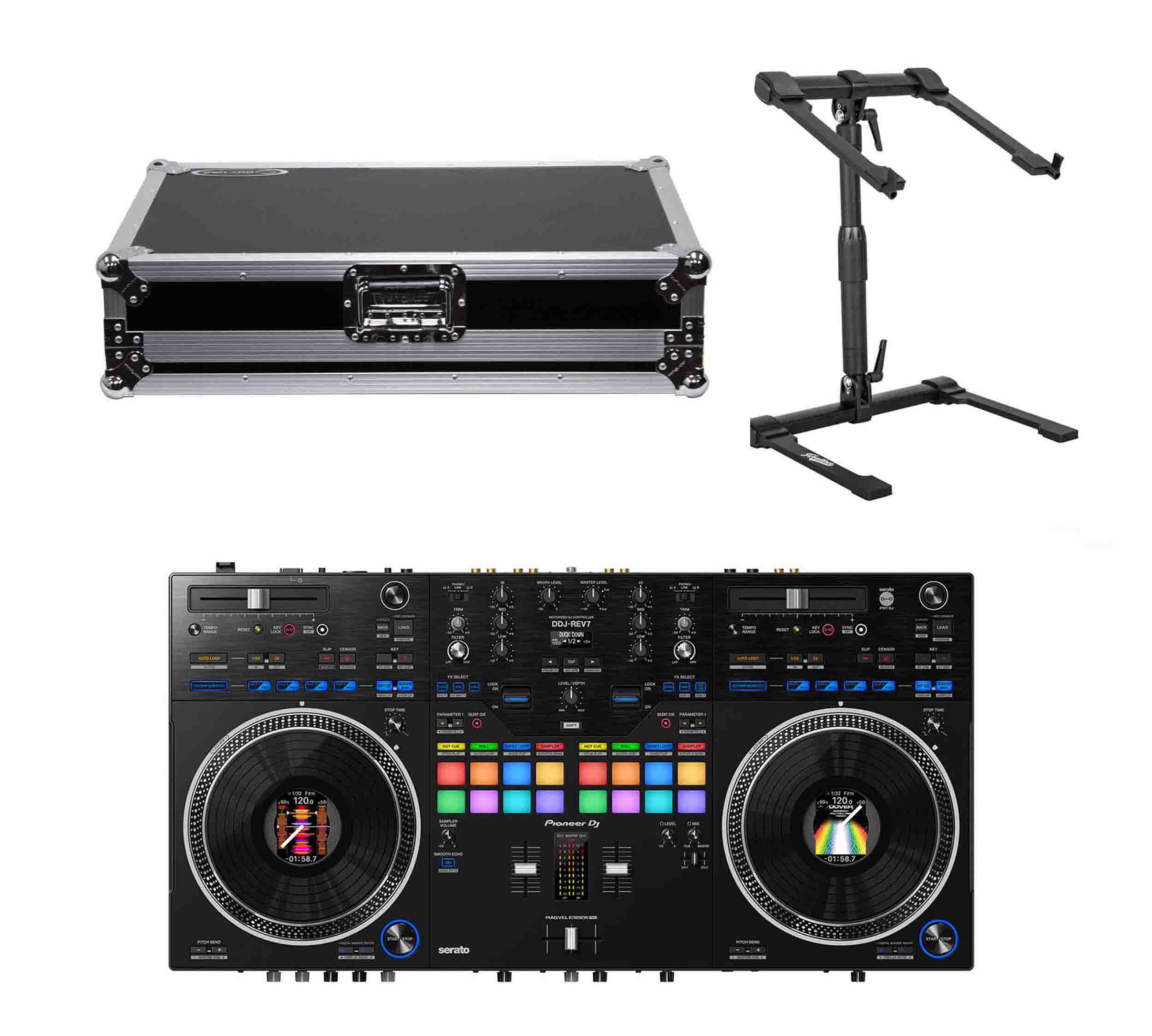 Pioneer DDJ-REV7, 2-Channel DJ Controller Package with Odyssey Flight Case and Headliner Laptop Stand - Hollywood DJ