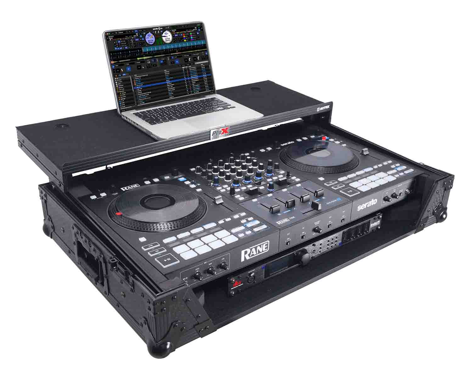 ProX XS-RANEFOUR WLTBL LED ATA Flight Style Road Case for RANE Four DJ Controller with 1U Rack Space and Wheels - Black Finish - Hollywood DJ