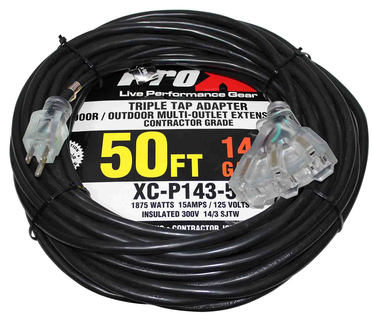ProX XC-P143-50, 120 VAC NEMA 15 Extension Power Cord 14 AWG and 3 Tap Female Outlets - 50 Feet - Hollywood DJ
