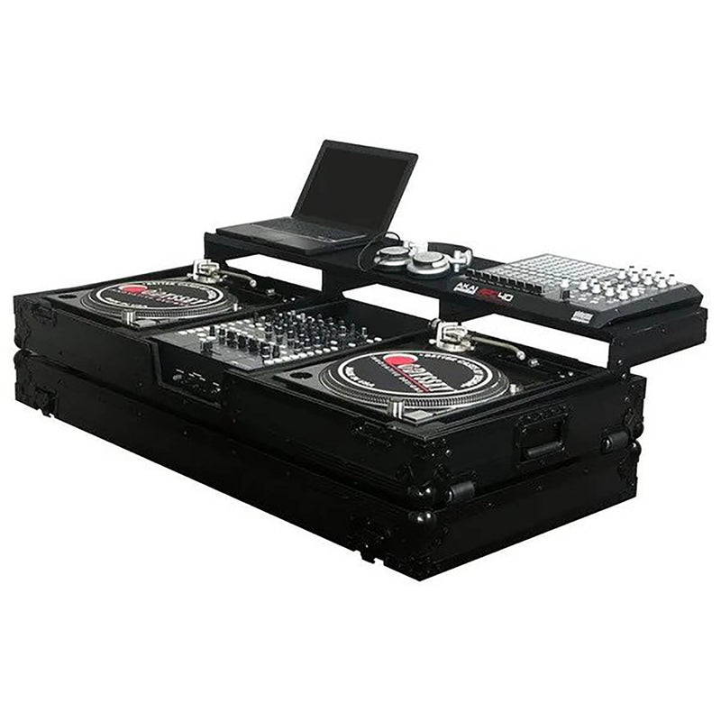 Odyssey FZGSPBM12WBL, Universal Black 12″ DJ Mixer and Two Battle Position Turntables Flight Coffin Case with Full Glide Platform - Hollywood DJ
