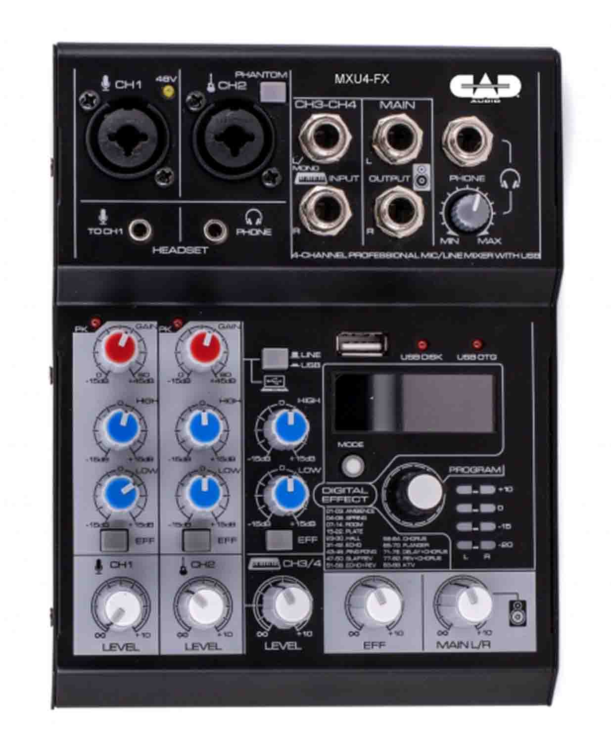 CAD Audio MXU4-FX, 4 Channel Mixer with USB Interface and Digital Effects - Hollywood DJ