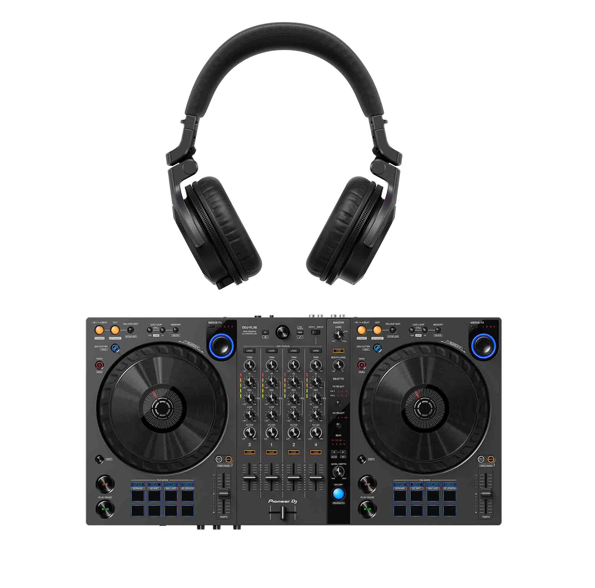 Pioneer DJ DDJ-FLX6-GT 4-deck Rekordbox and Serato DJ Controller - Graphite & CUE1 On-Ear DJ Headphone - Black - Hollywood DJ