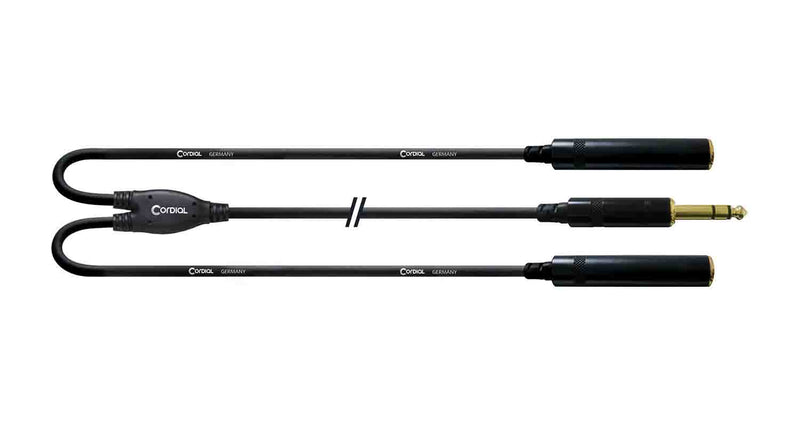 Cordial CFY0.3VKK 1x 6.3 mm Stereo Jack Plug to 2x 6.3 mm Jack Socket Y-Adapter Cable - 0.3 Meter - Hollywood DJ
