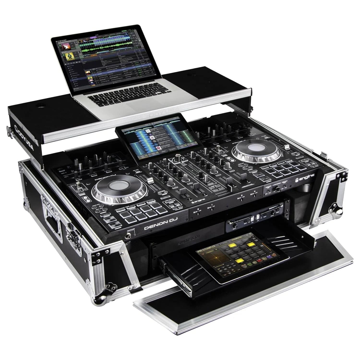 Odyssey FZGSPRIME4W2, Denon Prime 4 Flight Case with Patented Glide Laptop Platform and 2U Rack Space - Hollywood DJ